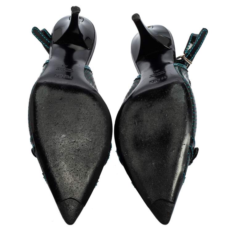 Pre Owned Fendi Black Perforated Leather Buckle Detail Pointed-Toe Slingback Pumps Size 38 