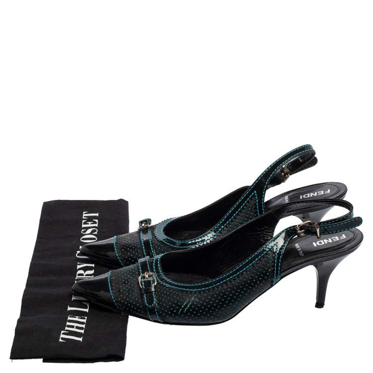 Pre Owned Fendi Black Perforated Leather Buckle Detail Pointed-Toe Slingback Pumps Size 38 