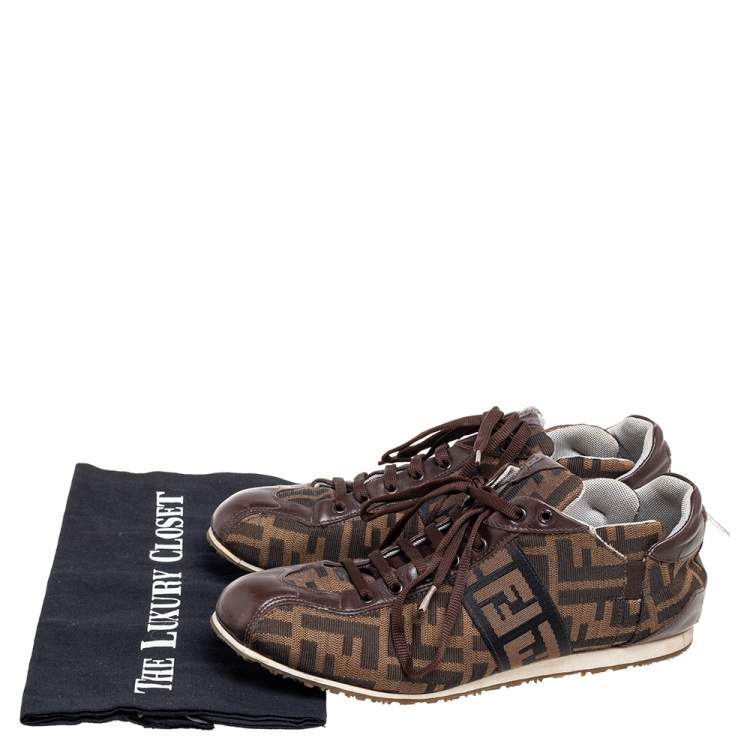 Pre Owned Fendi Brown Zucca Canvas and Leather Trim Low-Top Sneakers Size 38.5