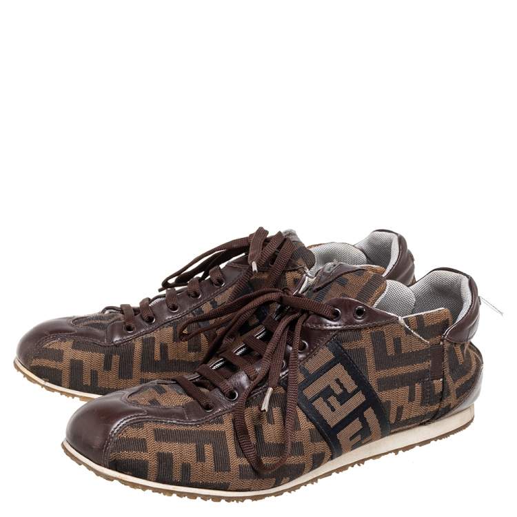 Pre Owned Fendi Brown Zucca Canvas and Leather Trim Low-Top Sneakers Size 38.5