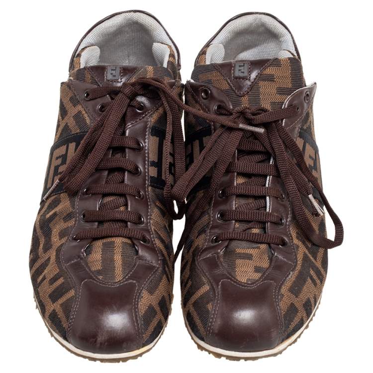 Pre Owned Fendi Brown Zucca Canvas and Leather Trim Low-Top Sneakers Size 38.5
