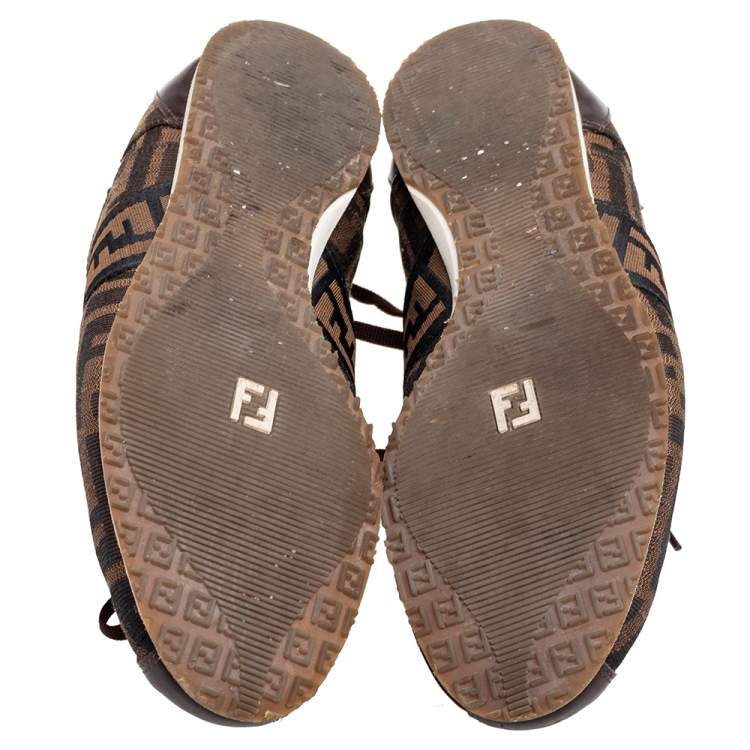 Pre Owned Fendi Brown Zucca Canvas and Leather Trim Low-Top Sneakers Size 38.5