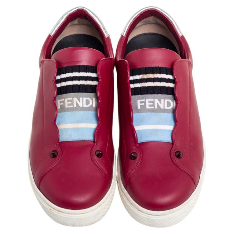Pre Owned Fendi Burgundy Leather Rockoko Slip-On Sneakers Size 38