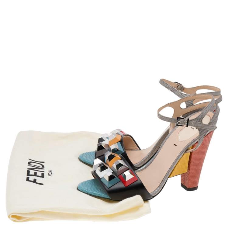 Pre Owned Fendi Multicolor Leather and Lizard Embossed Leather Fantasia Studded Ankle Strap Sandals Size 37