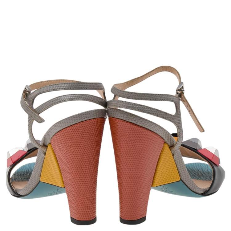 Pre Owned Fendi Multicolor Leather and Lizard Embossed Leather Fantasia Studded Ankle Strap Sandals Size 37