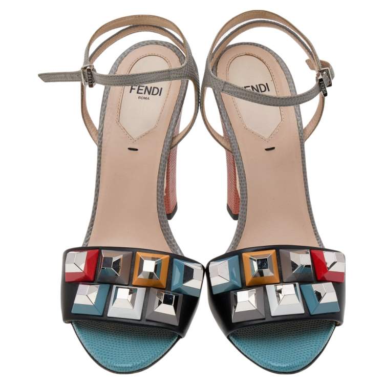 Pre Owned Fendi Multicolor Leather and Lizard Embossed Leather Fantasia Studded Ankle Strap Sandals Size 37