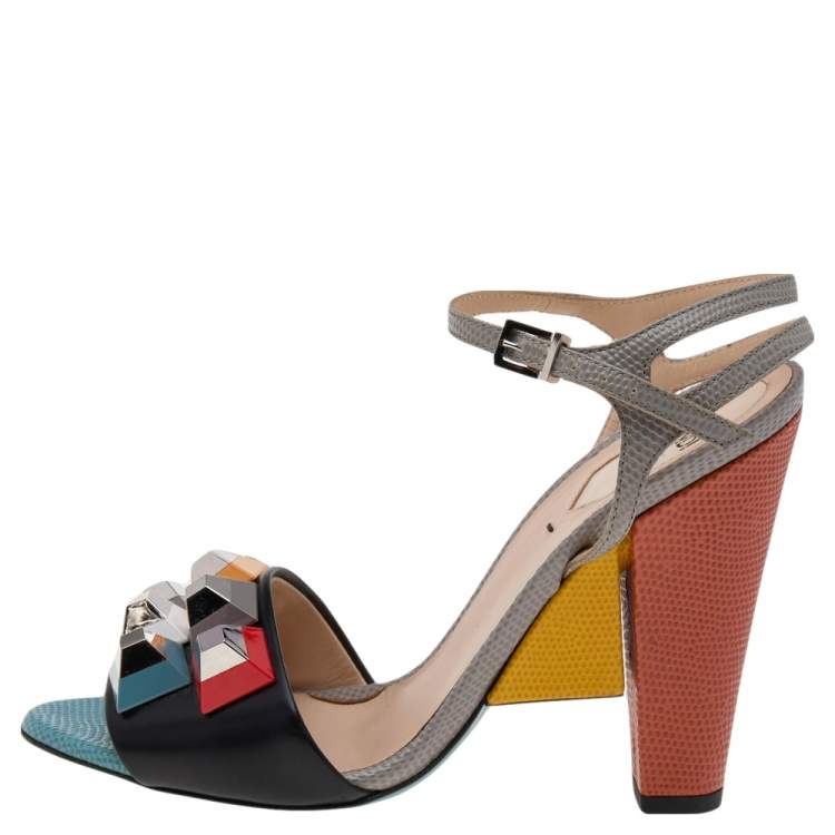 Pre Owned Fendi Multicolor Leather and Lizard Embossed Leather Fantasia Studded Ankle Strap Sandals Size 37