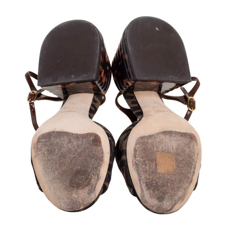 Pre Owned Fendi Tobacco Zucca Canvas FF Motif Promenade Ankle-Strap Sandals Size 38