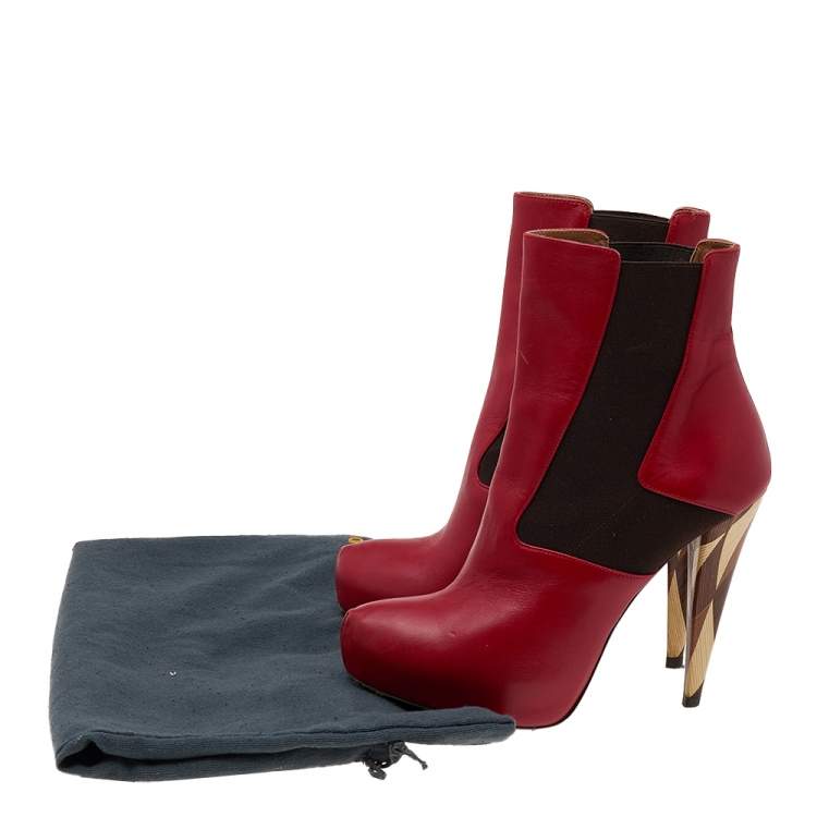 Pre Owned Fendi Red/Brown Leather And Stretch Fabric Platform Ankle Boots Size 37.5