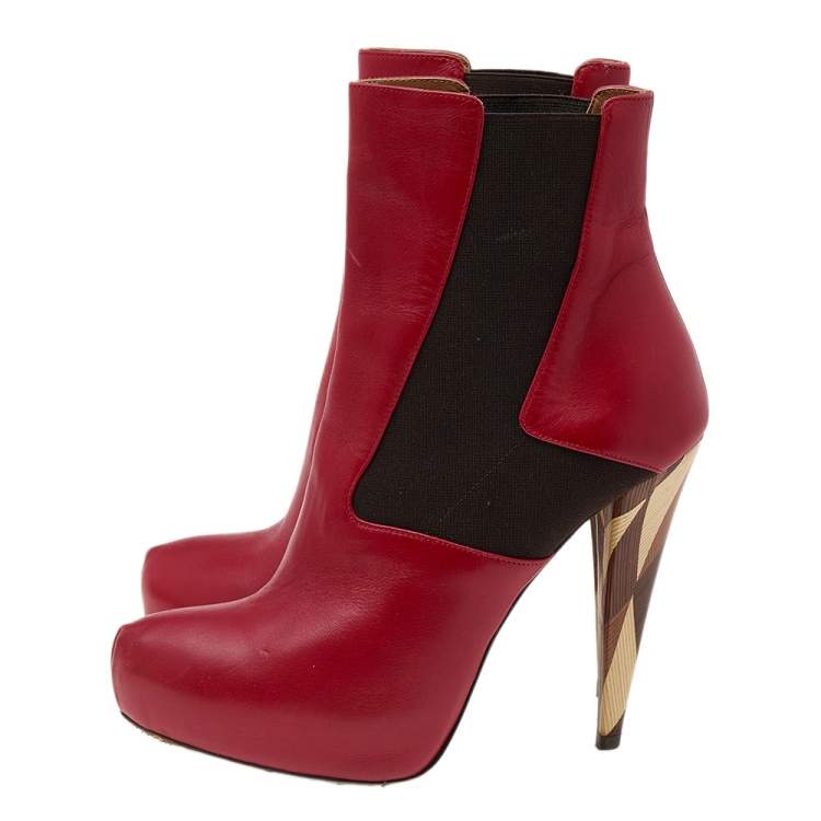 Pre Owned Fendi Red/Brown Leather And Stretch Fabric Platform Ankle Boots Size 37.5
