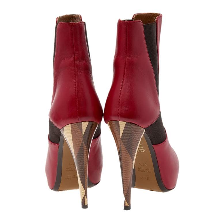 Pre Owned Fendi Red/Brown Leather And Stretch Fabric Platform Ankle Boots Size 37.5