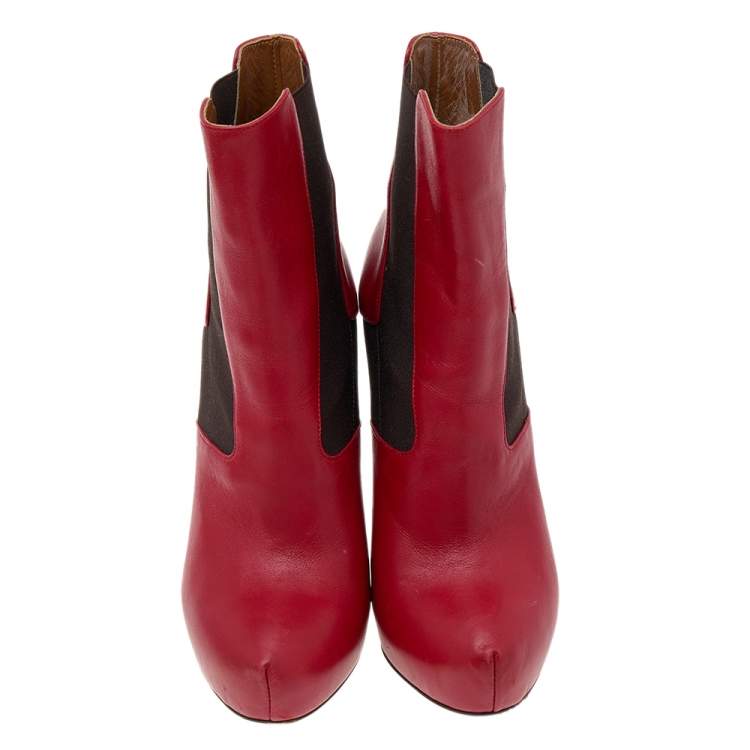 Pre Owned Fendi Red/Brown Leather And Stretch Fabric Platform Ankle Boots Size 37.5