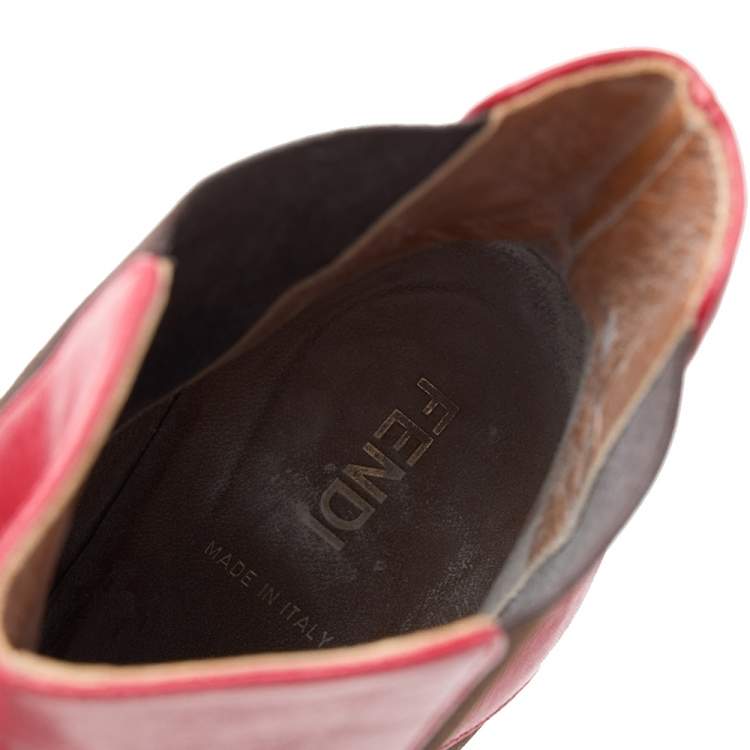 Pre Owned Fendi Red/Brown Leather And Stretch Fabric Platform Ankle Boots Size 37.5