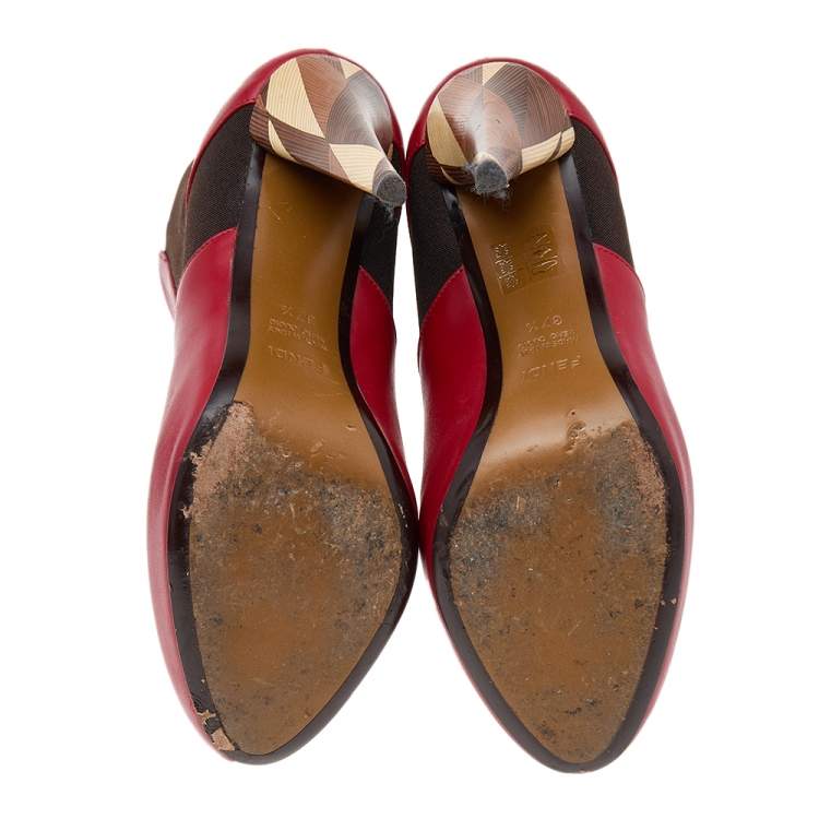 Pre Owned Fendi Red/Brown Leather And Stretch Fabric Platform Ankle Boots Size 37.5