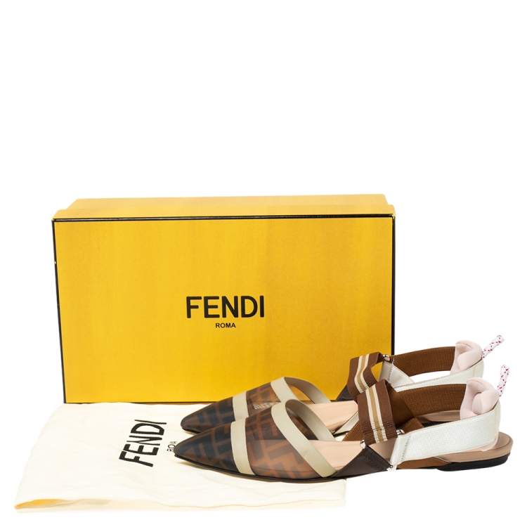 Pre Owned Fendi Brown/Black FF Mesh And Canvas Colibri Slingback Flat Sandals Size 39