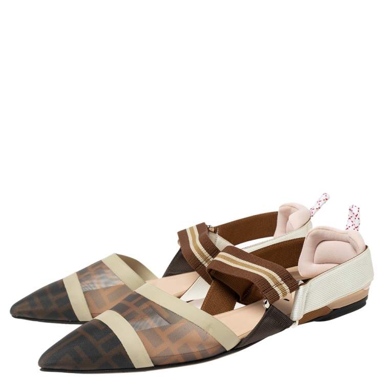 Pre Owned Fendi Brown/Black FF Mesh And Canvas Colibri Slingback Flat Sandals Size 39