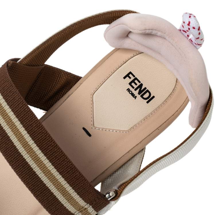 Pre Owned Fendi Brown/Black FF Mesh And Canvas Colibri Slingback Flat Sandals Size 39