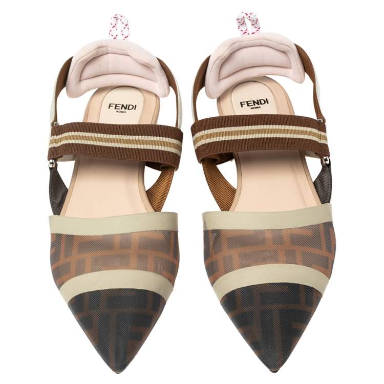 Pre Owned Fendi Brown/Black FF Mesh And Canvas Colibri Slingback Flat Sandals Size 39
