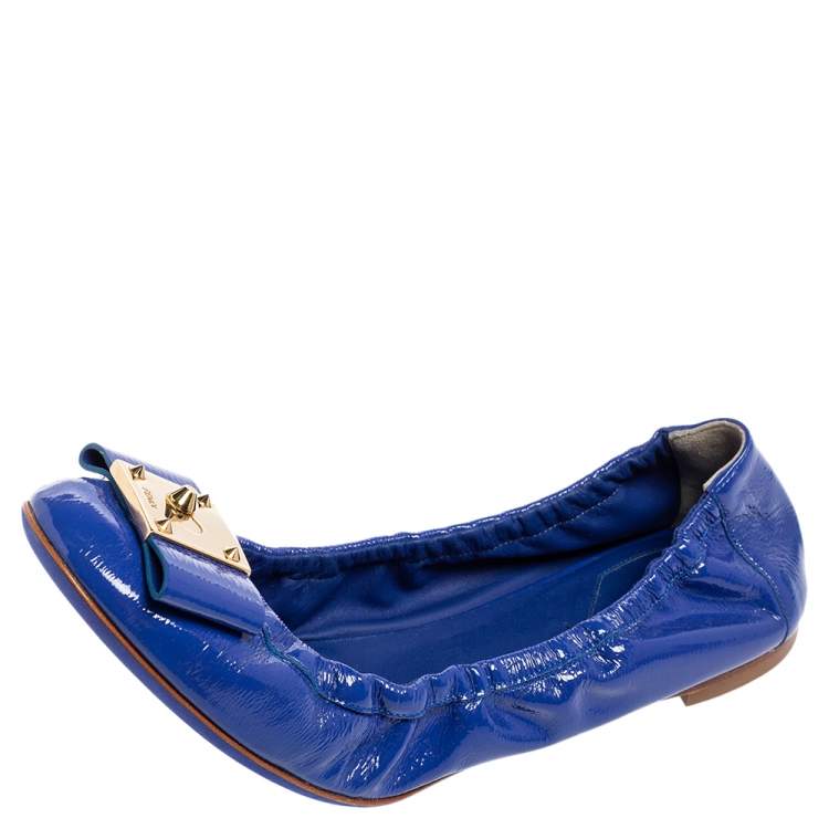 Pre Owned Fendi Royal Blue Patent Leather Bow Detail Scrunch Ballet Flats Size 41