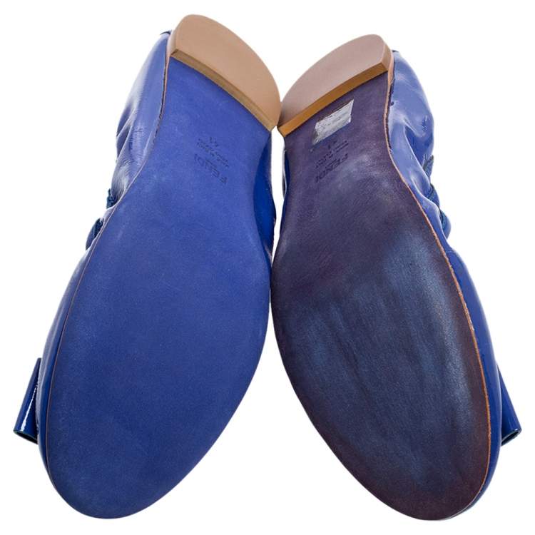 Pre Owned Fendi Royal Blue Patent Leather Bow Detail Scrunch Ballet Flats Size 41