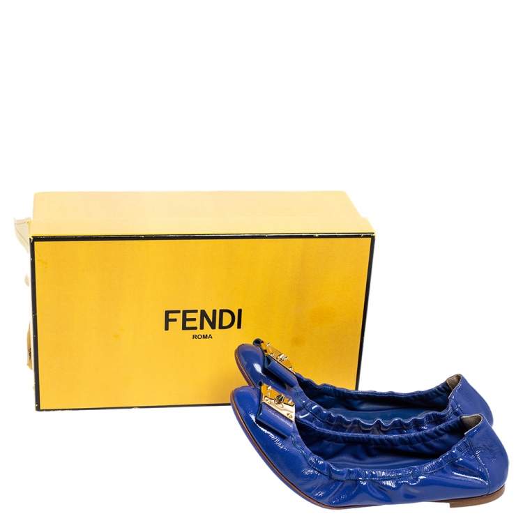 Pre Owned Fendi Royal Blue Patent Leather Bow Detail Scrunch Ballet Flats Size 41