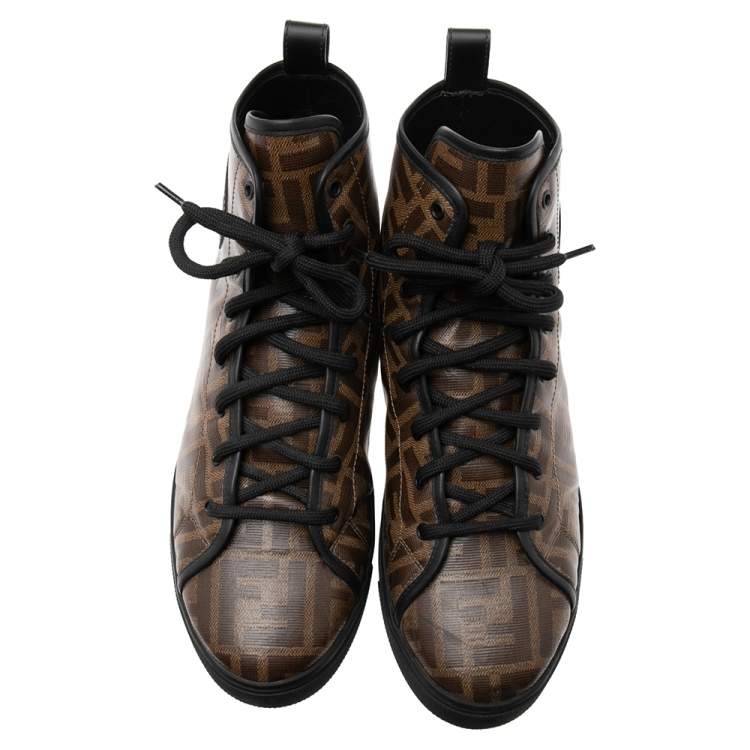 Pre Owned Fendi Brown Zucca Coated Canvas Lace-up High-Top Sneakers size 40