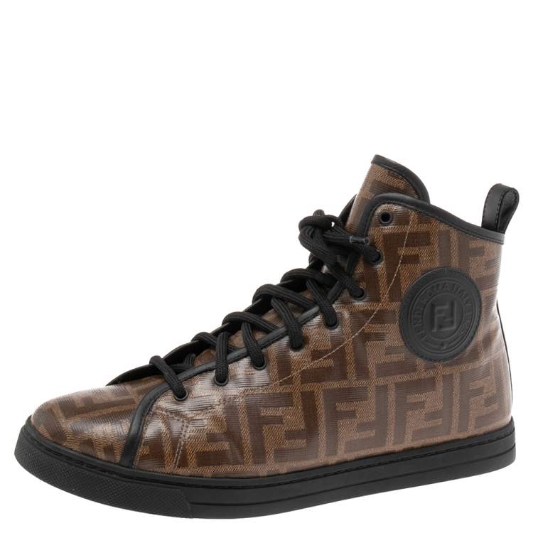 Pre Owned Fendi Brown Zucca Coated Canvas Lace-up High-Top Sneakers size 40
