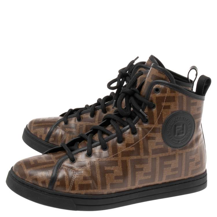 Pre Owned Fendi Brown Zucca Coated Canvas Lace-up High-Top Sneakers size 40