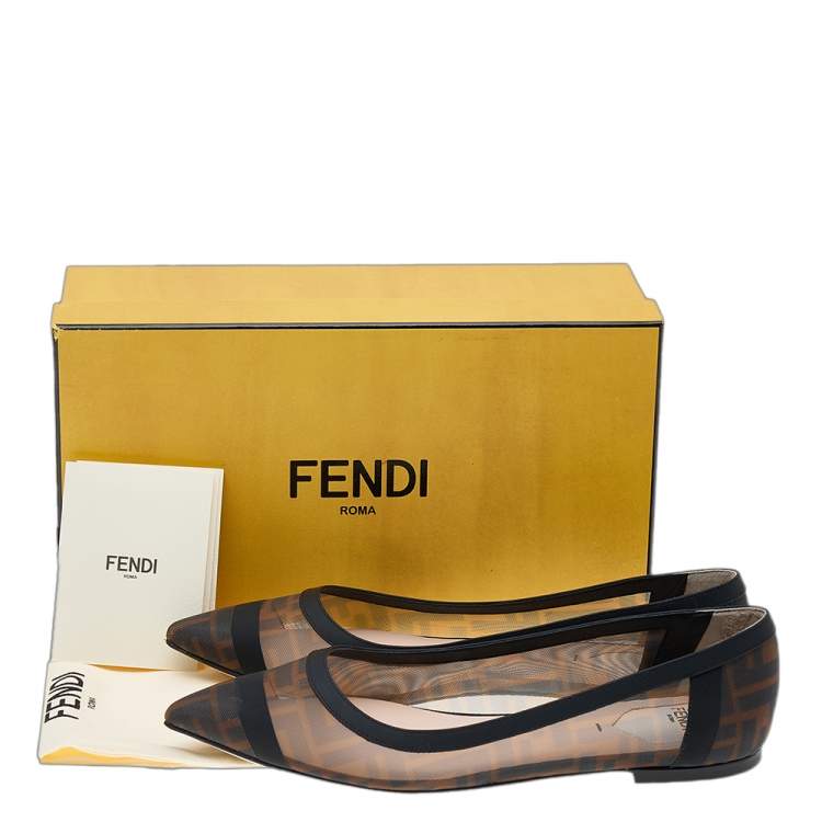 مملوكة مسبقًا Fendi Brown/Black FF Mesh And Leather Colibri Ballet Flats Size 40.5