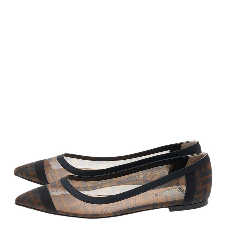 مملوكة مسبقًا Fendi Brown/Black FF Mesh And Leather Colibri Ballet Flats Size 40.5