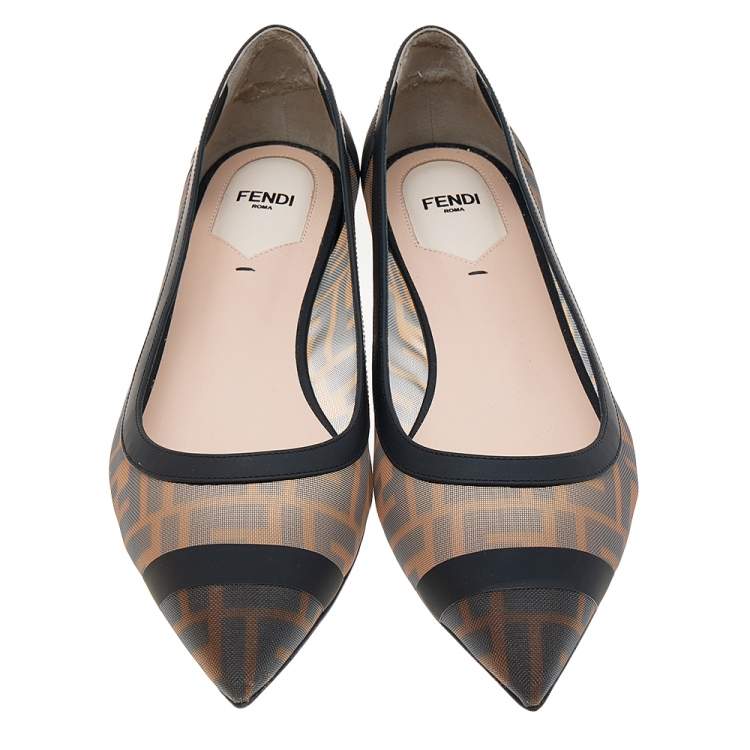 مملوكة مسبقًا Fendi Brown/Black FF Mesh And Leather Colibri Ballet Flats Size 40.5