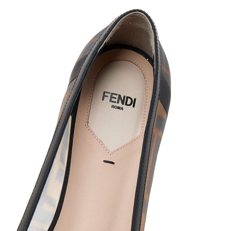 مملوكة مسبقًا Fendi Brown/Black FF Mesh And Leather Colibri Ballet Flats Size 40.5