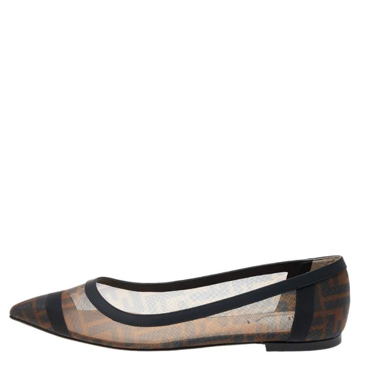 مملوكة مسبقًا Fendi Brown/Black FF Mesh And Leather Colibri Ballet Flats Size 40.5