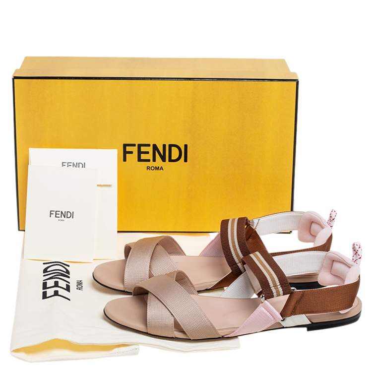 Pre Owned Fendi Brown/Beige Fabric Colibri Slingback Flat Sandals Size 38
