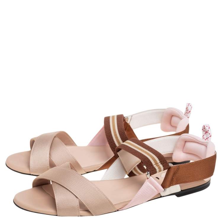 Pre Owned Fendi Brown/Beige Fabric Colibri Slingback Flat Sandals Size 38