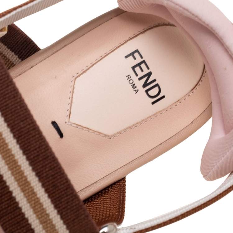 Pre Owned Fendi Brown/Beige Fabric Colibri Slingback Flat Sandals Size 38