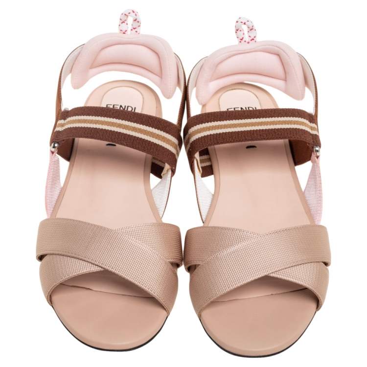 Pre Owned Fendi Brown/Beige Fabric Colibri Slingback Flat Sandals Size 38