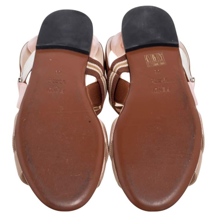 Pre Owned Fendi Brown/Beige Fabric Colibri Slingback Flat Sandals Size 38