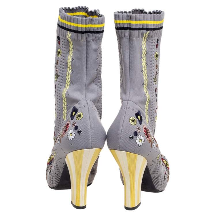 Pre Owned Fendi Grey Floral Embroidered Knit Fabric Sock Ankle Boots Size 40
