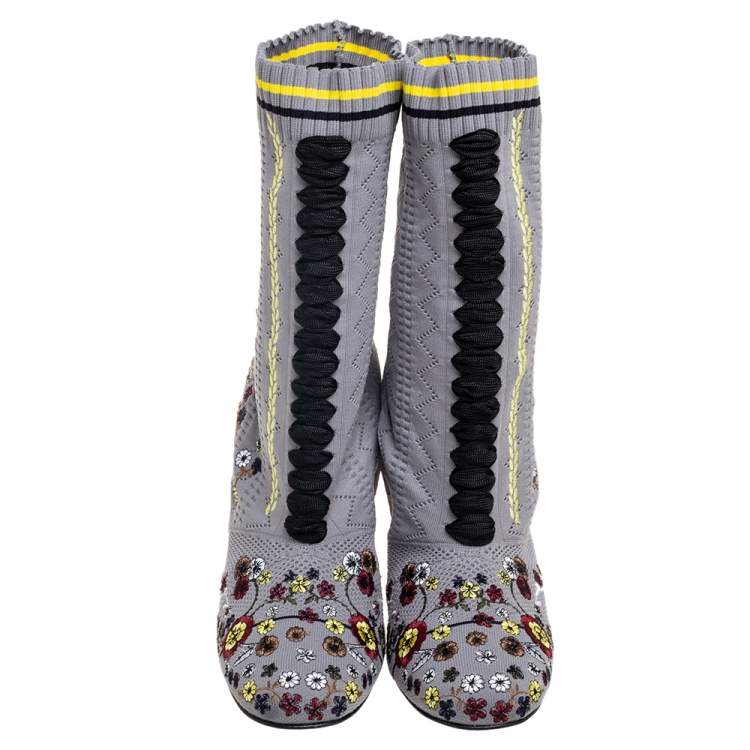 Pre Owned Fendi Grey Floral Embroidered Knit Fabric Sock Ankle Boots Size 40