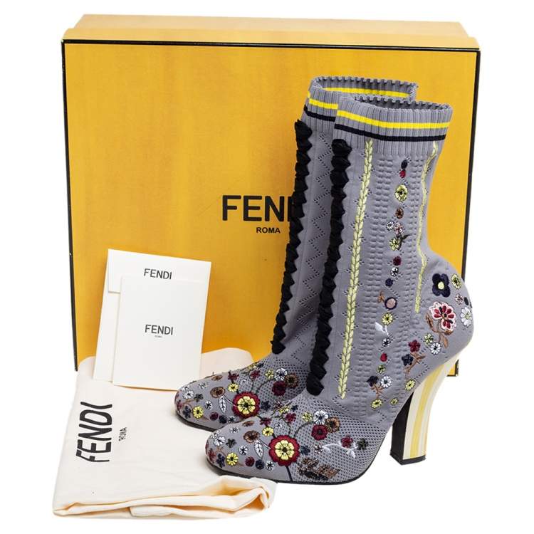 Pre Owned Fendi Grey Floral Embroidered Knit Fabric Sock Ankle Boots Size 40