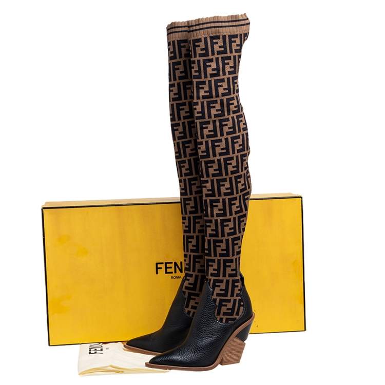 مملوكة مسبقًا Fendi Brown/Black  FF Zucca Canvas  And Leather Knee Length Boots Size 36.5