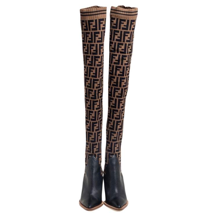 مملوكة مسبقًا Fendi Brown/Black  FF Zucca Canvas  And Leather Knee Length Boots Size 36.5