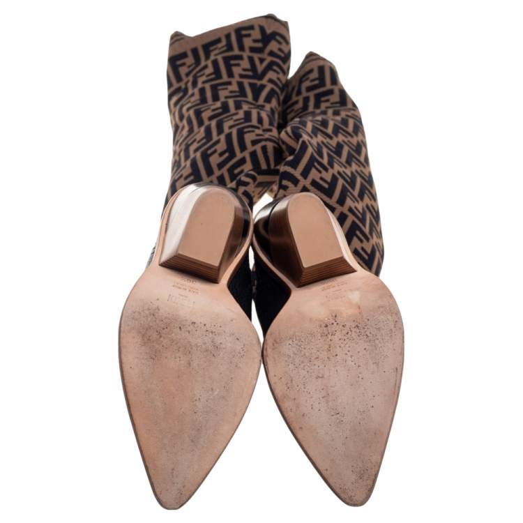 مملوكة مسبقًا Fendi Brown/Black  FF Zucca Canvas  And Leather Knee Length Boots Size 36.5