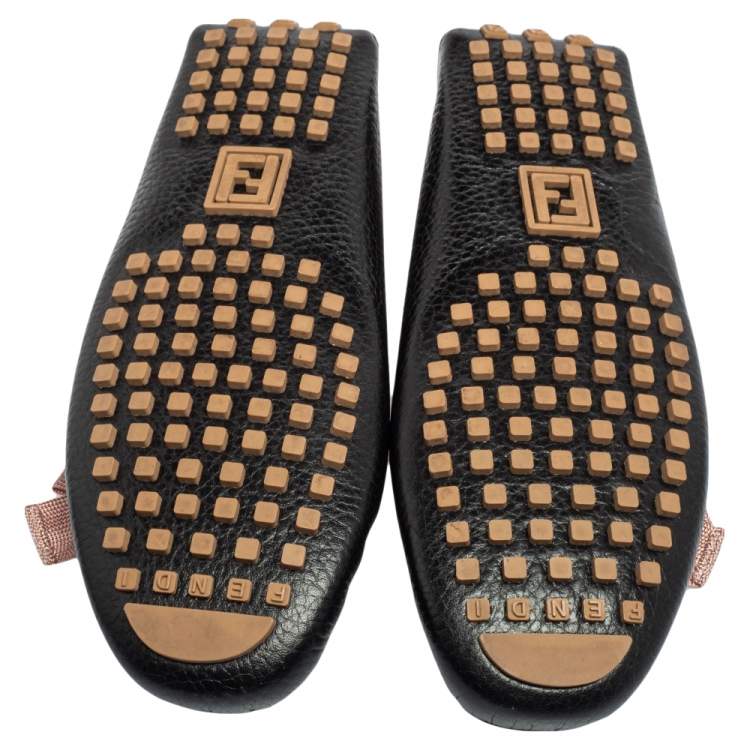 Pre Owned  Fendi Black/Pink Leather And Fabric Bow Slip On Loafers Size 37