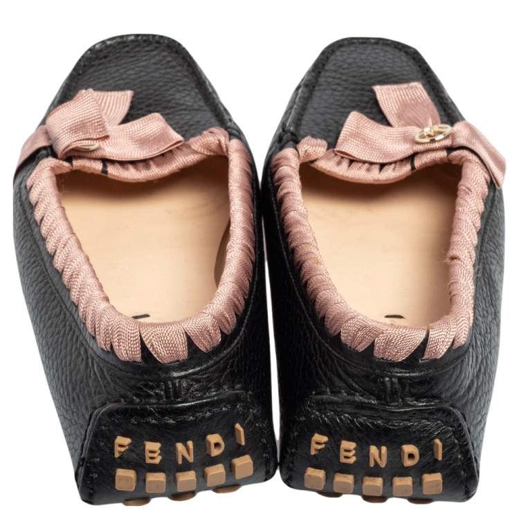 Pre Owned  Fendi Black/Pink Leather And Fabric Bow Slip On Loafers Size 37