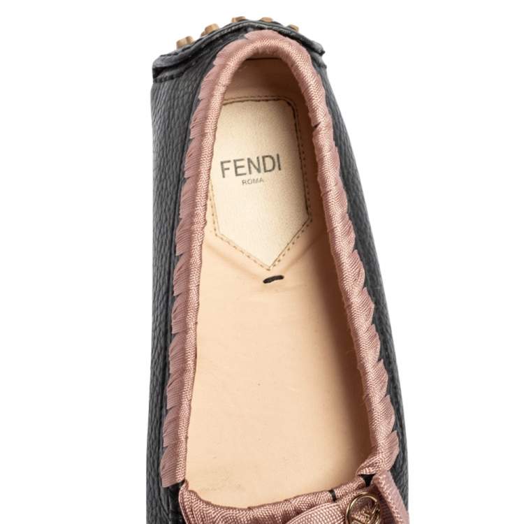 Pre Owned  Fendi Black/Pink Leather And Fabric Bow Slip On Loafers Size 37
