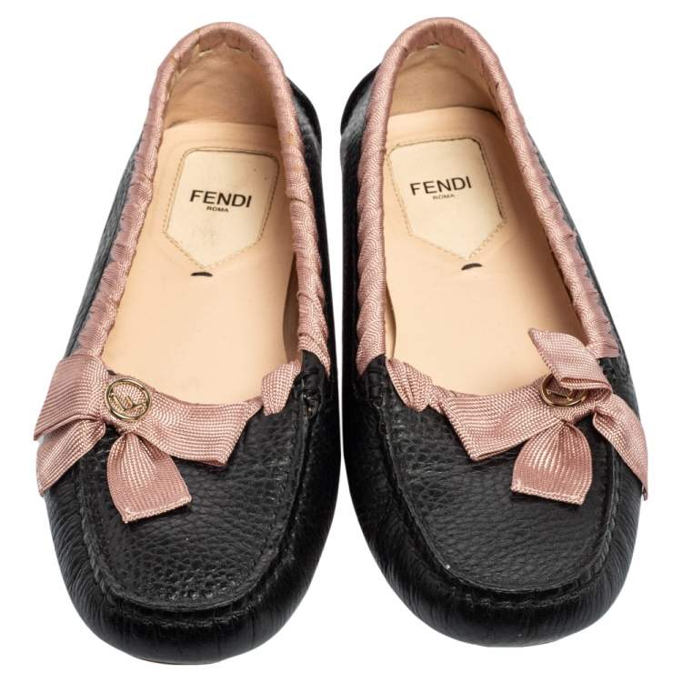 Pre Owned  Fendi Black/Pink Leather And Fabric Bow Slip On Loafers Size 37