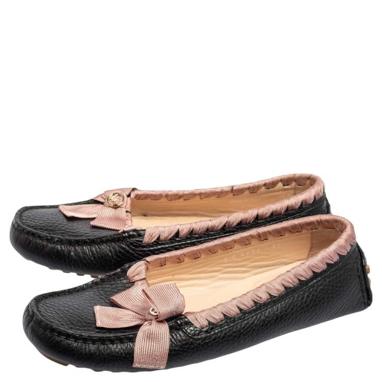 Pre Owned  Fendi Black/Pink Leather And Fabric Bow Slip On Loafers Size 37