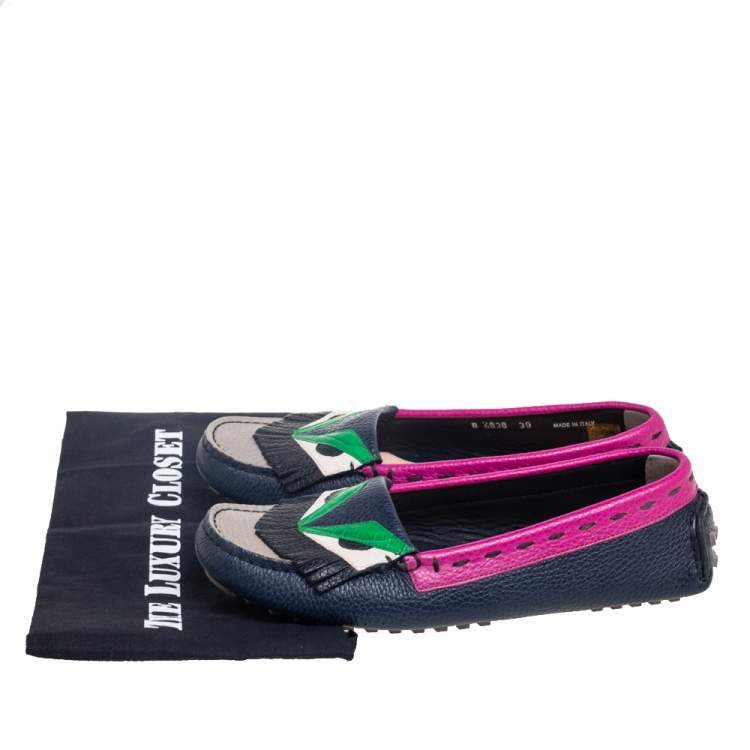 Pre Owned Fendi Multicolor Leather Monster Driver Loafers Size 39